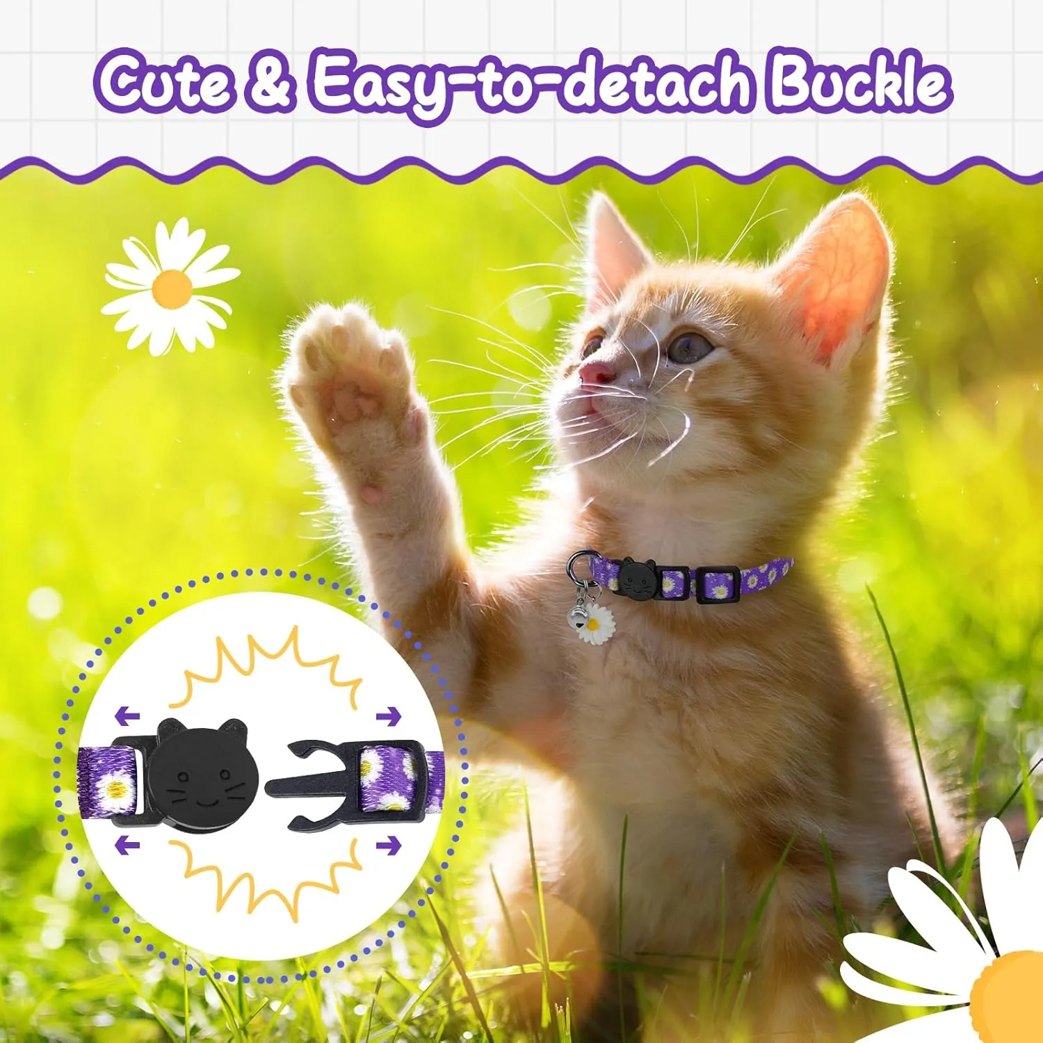 Purple Kitten Collars for Girls Cat, Floral Daisy Cat Collar Soft Cotton Breakaway Collars with Daisy Pendant, Safety Removable Kitty Collars for Female Cats Male Cats - Purple Daisy Cat Collars