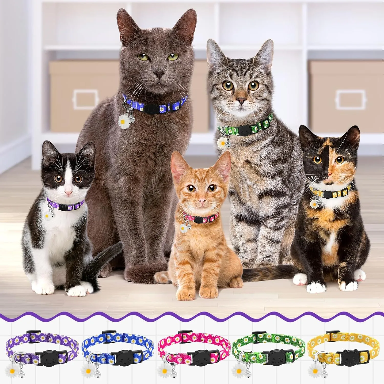 Purple Kitten Collars for Girls Cat, Floral Daisy Cat Collar Soft Cotton Breakaway Collars with Daisy Pendant, Safety Removable Kitty Collars for Female Cats Male Cats - Purple Daisy Cat Collars