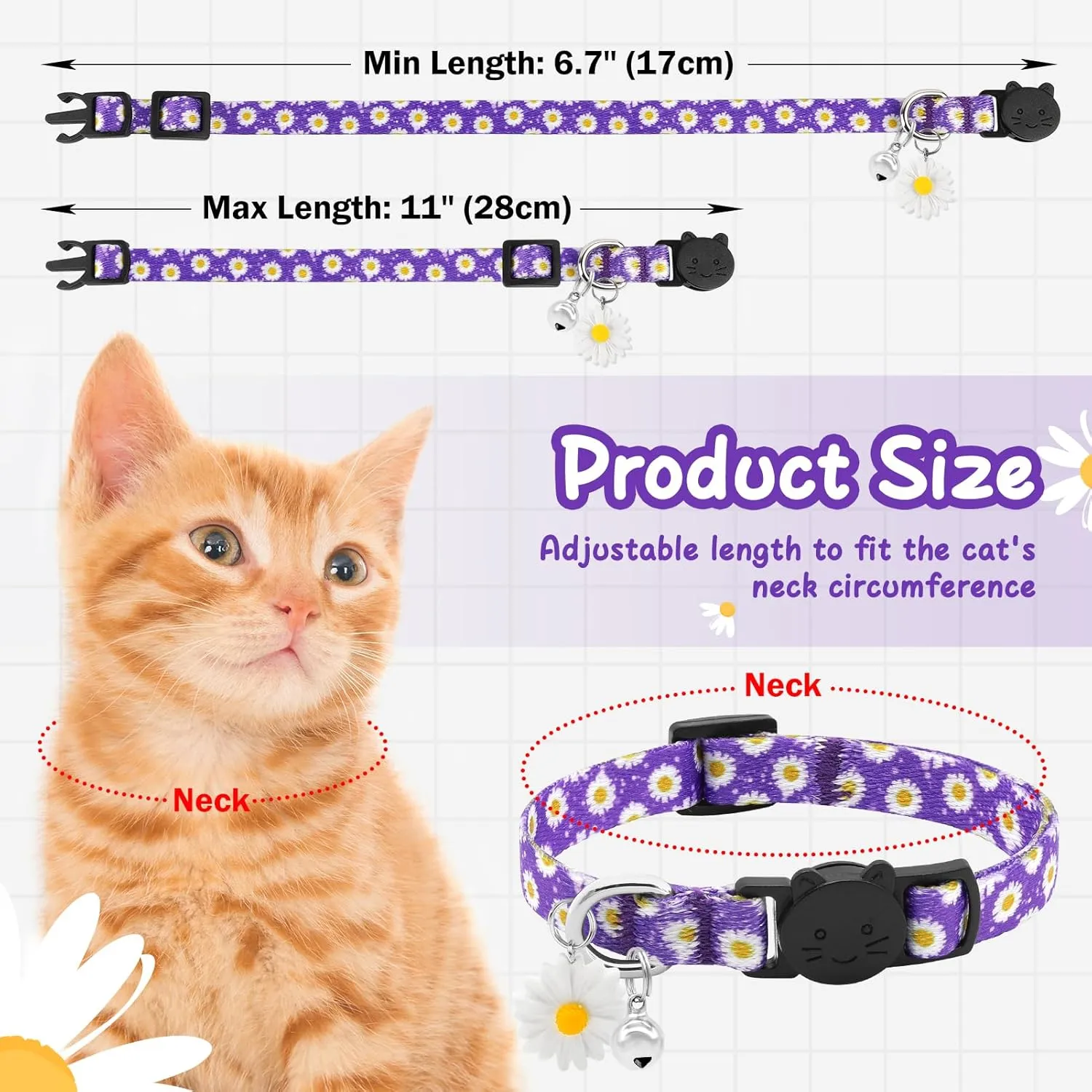 Purple Kitten Collars for Girls Cat, Floral Daisy Cat Collar Soft Cotton Breakaway Collars with Daisy Pendant, Safety Removable Kitty Collars for Female Cats Male Cats - Purple Daisy Cat Collars