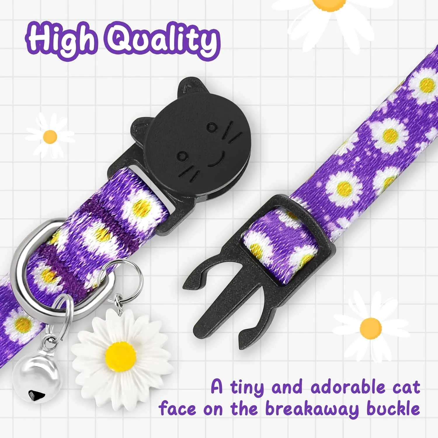 Purple Kitten Collars for Girls Cat, Floral Daisy Cat Collar Soft Cotton Breakaway Collars with Daisy Pendant, Safety Removable Kitty Collars for Female Cats Male Cats - Purple Daisy Cat Collars