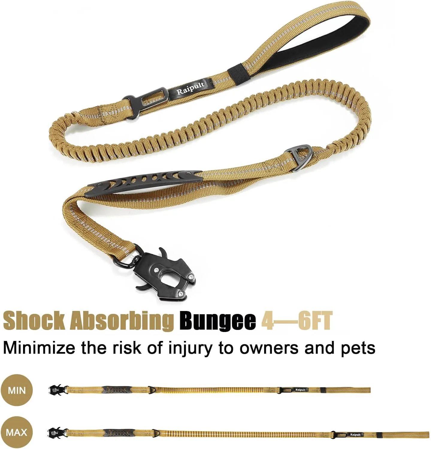 Raipult Heavy Duty Tactical Bungee Dog Leash, 4-6FT No Pull Leash with Quick Release Carabiner, Reflective Shock Absorbing Lead with Car Seatbelt for Medium Large Dogs,Khaki