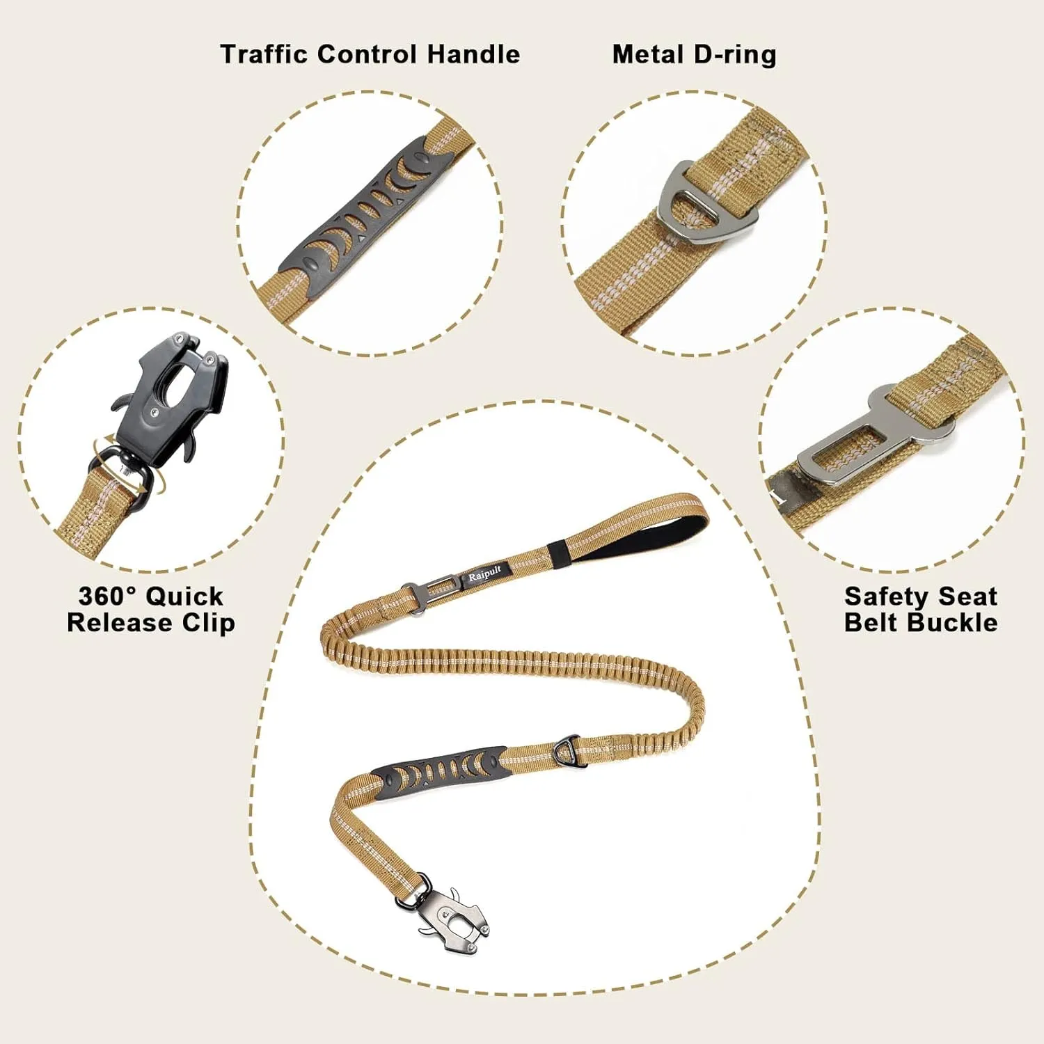 Raipult Heavy Duty Tactical Bungee Dog Leash, 4-6FT No Pull Leash with Quick Release Carabiner, Reflective Shock Absorbing Lead with Car Seatbelt for Medium Large Dogs,Khaki