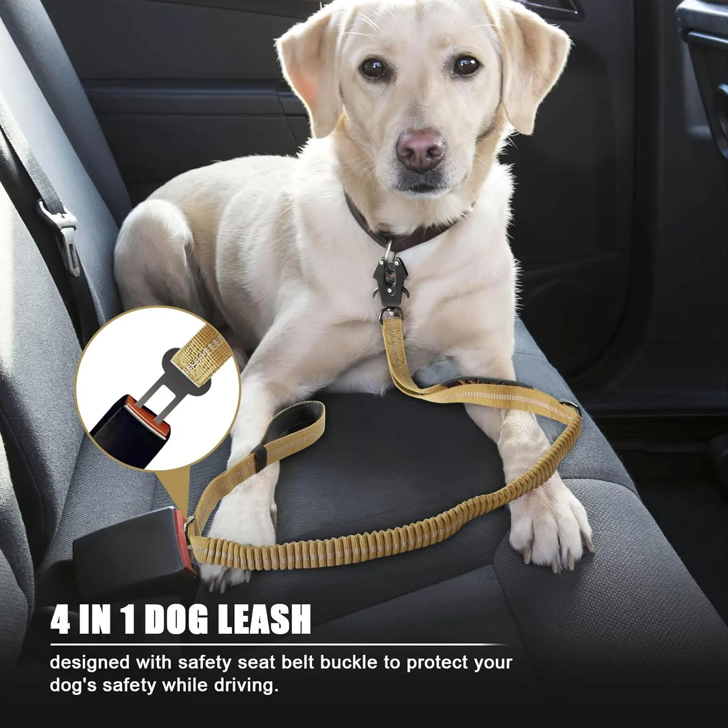 Raipult Heavy Duty Tactical Bungee Dog Leash, 4-6FT No Pull Leash with Quick Release Carabiner, Reflective Shock Absorbing Lead with Car Seatbelt for Medium Large Dogs,Khaki