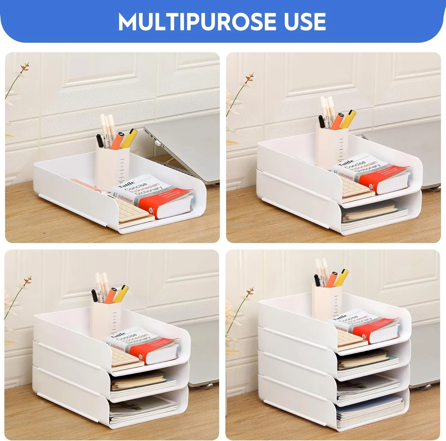 Set of 4 Office Organization and Storage, Clear PET Letter Tray Desk Organizer, Stackable Document Organizer, Office Supply Organizer for Notes, Pens, File Paper, Desk, White