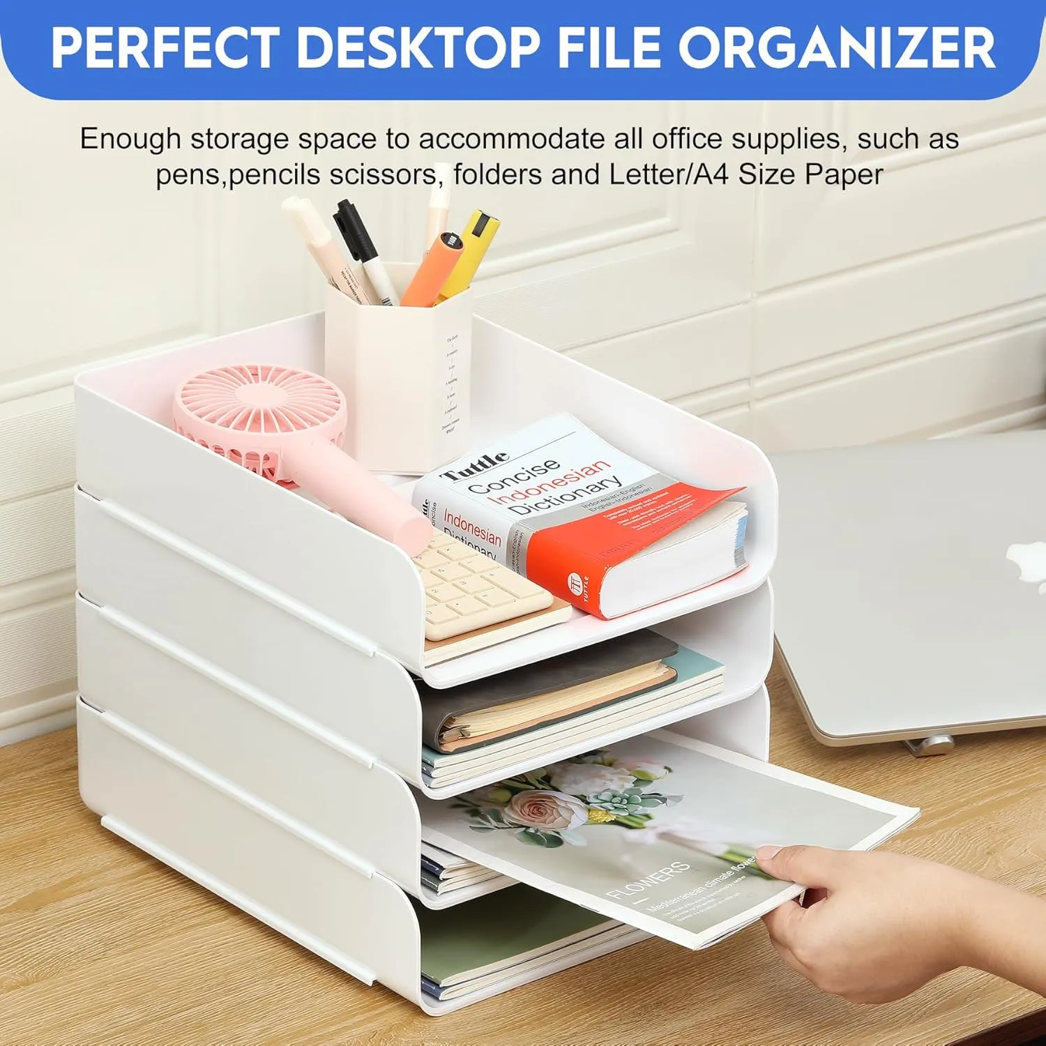 Set of 4 Office Organization and Storage, Clear PET Letter Tray Desk Organizer, Stackable Document Organizer, Office Supply Organizer for Notes, Pens, File Paper, Desk, White