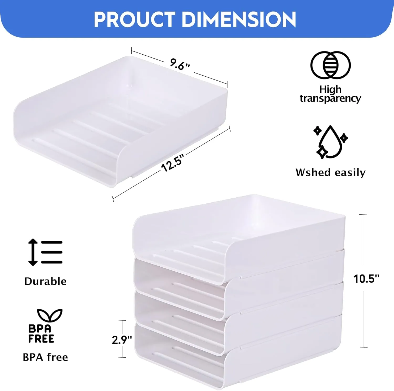 Set of 4 Office Organization and Storage, Clear PET Letter Tray Desk Organizer, Stackable Document Organizer, Office Supply Organizer for Notes, Pens, File Paper, Desk, White