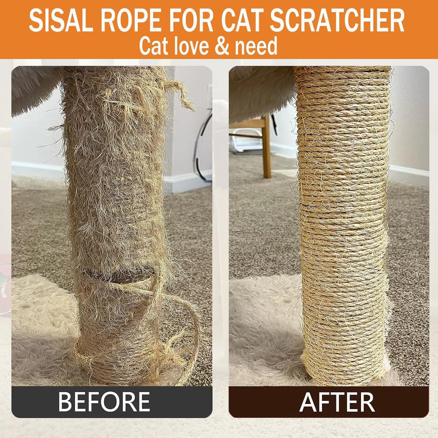 Sisal Rope Cat Scratcher 4mm by 164Ft Cat Tree Rope for Cat Scratching Post Tree Tower Replacement Repair and Replace, DIY Hemp Twine Rope