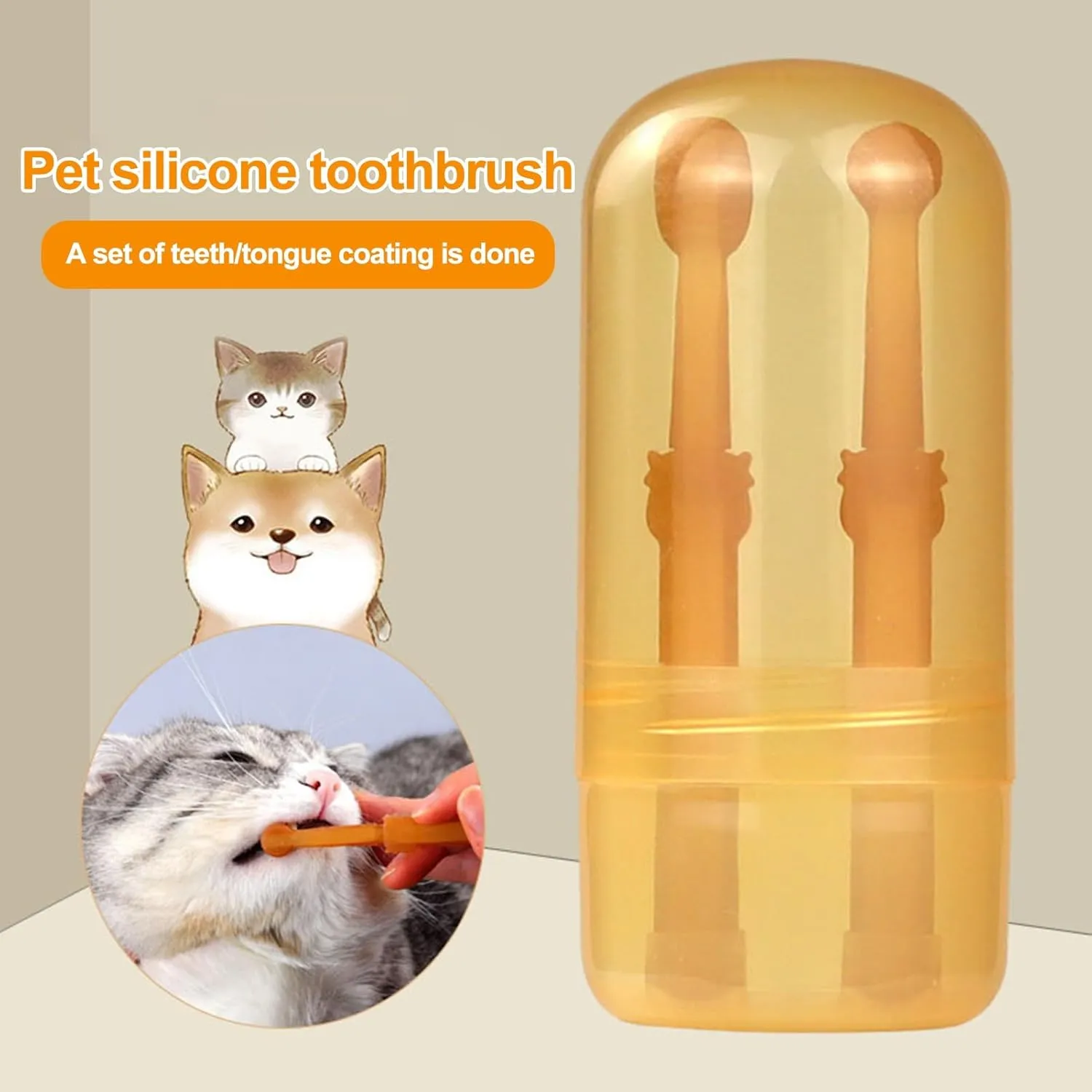 Small Pet Toothbrush Kit with Storage Box, Soft Silicone Double-Sided Dog Toothbrush, Cat Toothbrush for Pet Tooth Brushing (2 Pack) Orange Sets