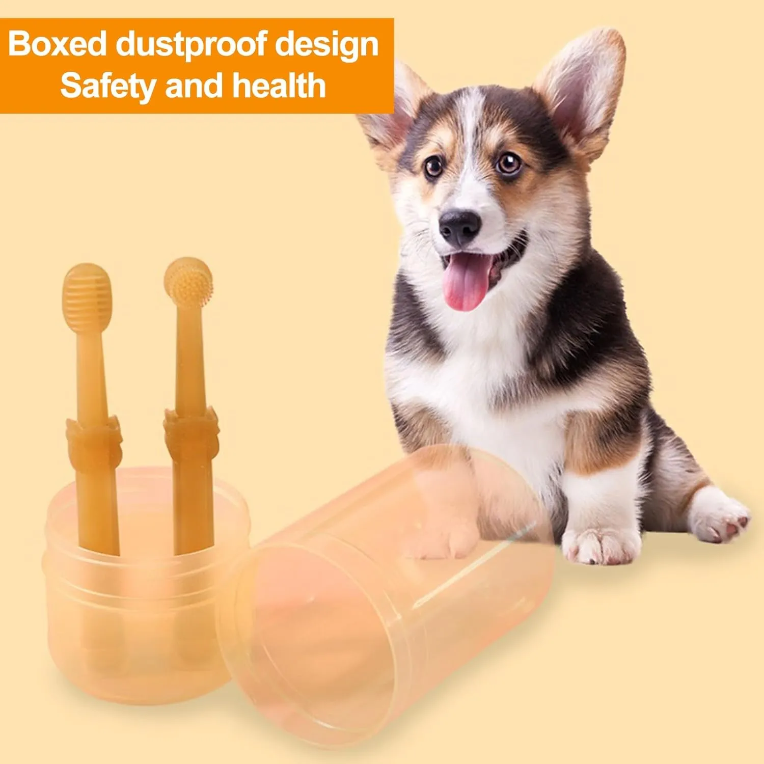 Small Pet Toothbrush Kit with Storage Box, Soft Silicone Double-Sided Dog Toothbrush, Cat Toothbrush for Pet Tooth Brushing (2 Pack) Orange Sets