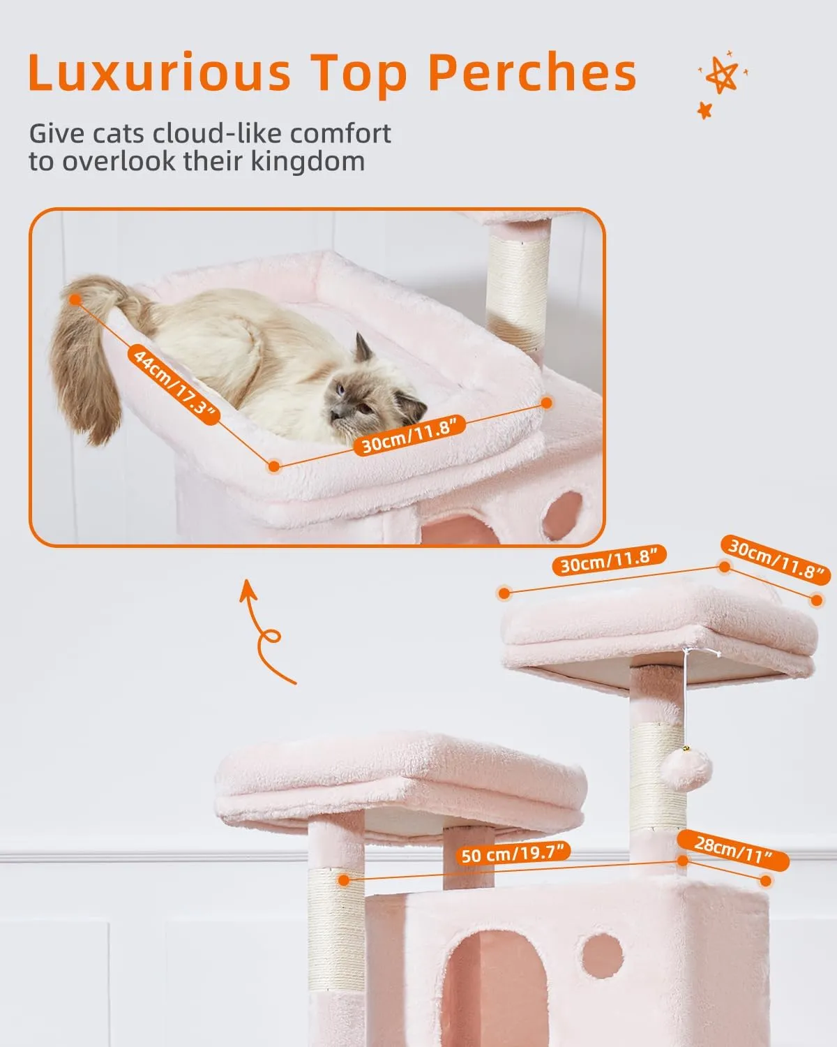 Taoqimiao Cat Tree 57.5-Inch, Cat Tower for Indoor Cats Large Adult, Extra Large Cat Condo, 8 Sisal Scratching Posts, Metal Frame Cozy Hammock, Durable Scratch Board, 2 Top Perches, Jelly Pink MS026P