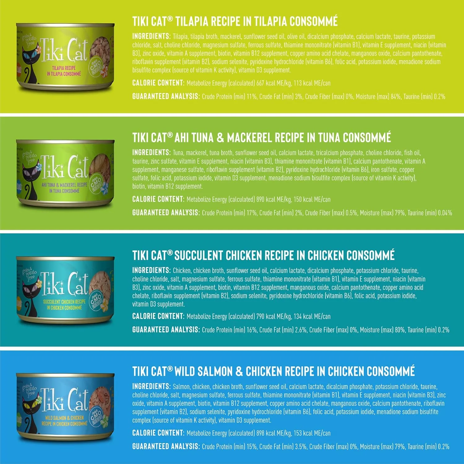 Tiki Cat Luau Variety Pack, Succulent Combinations of Real Shredded Protein in a Rich Flavorful Consumme, Grain-Free Balanced Nutrition Wet Canned Cat Food, for All Life Stages, 6 oz. Can (8 Count)