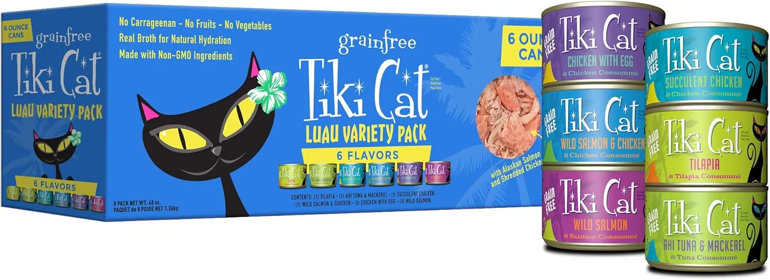 Tiki Cat Luau Variety Pack, Succulent Combinations of Real Shredded Protein in a Rich Flavorful Consumme, Grain-Free Balanced Nutrition Wet Canned Cat Food, for All Life Stages, 6 oz. Can (8 Count)