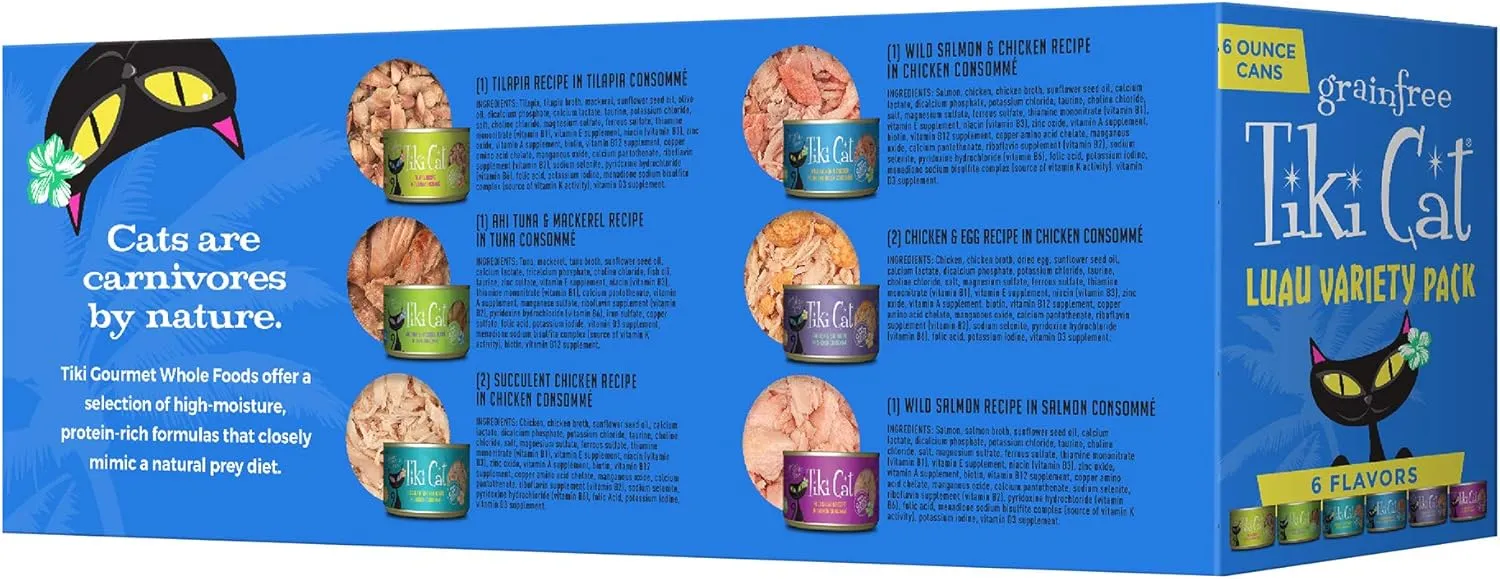 Tiki Cat Luau Variety Pack, Succulent Combinations of Real Shredded Protein in a Rich Flavorful Consumme, Grain-Free Balanced Nutrition Wet Canned Cat Food, for All Life Stages, 6 oz. Can (8 Count)