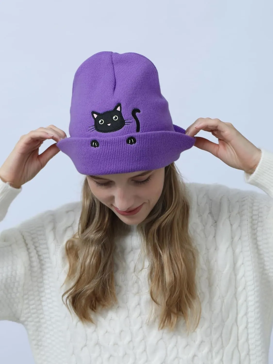 Womens Cat Beanie Cute Cat Lover Gifts Animal Knitted Hats Christmas Stocking Stuffers for Women Girls