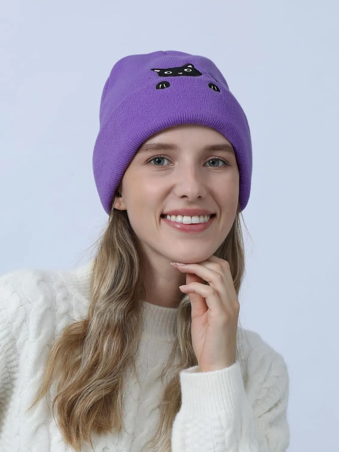 Womens Cat Beanie Cute Cat Lover Gifts Animal Knitted Hats Christmas Stocking Stuffers for Women Girls