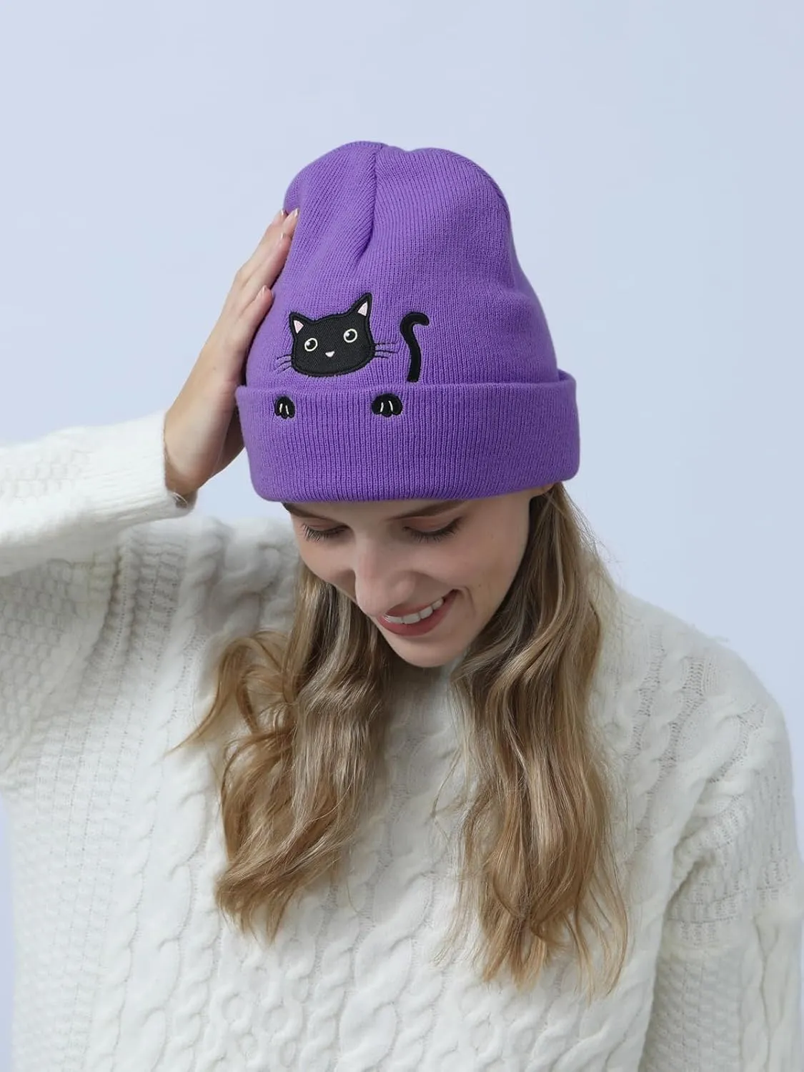 Womens Cat Beanie Cute Cat Lover Gifts Animal Knitted Hats Christmas Stocking Stuffers for Women Girls