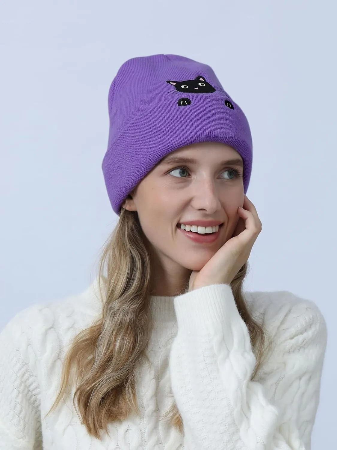 Womens Cat Beanie Cute Cat Lover Gifts Animal Knitted Hats Christmas Stocking Stuffers for Women Girls