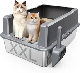 XXL Stainless Steel Cat Litter Box with Lid, Odorless XL Metal Box for Big Cats, Extra Large Kitty Litter Pan, Easy Clean Steel Box Anti-Leakage, Include Litter Scoop