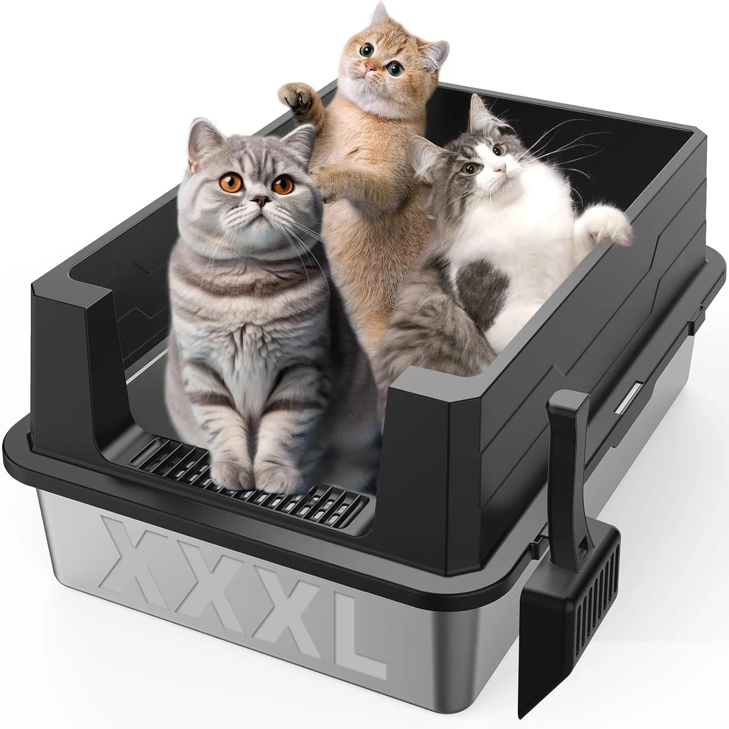 XXXL Stainless Steel Litter Box,Extra Large 28" L x 20" W Metal Litter Box for Big Cats & Multiple Cats with High Sided, Anti-Urine Leakage, Non-Sticky, Easy Cleaning, Include Scoop(Black)