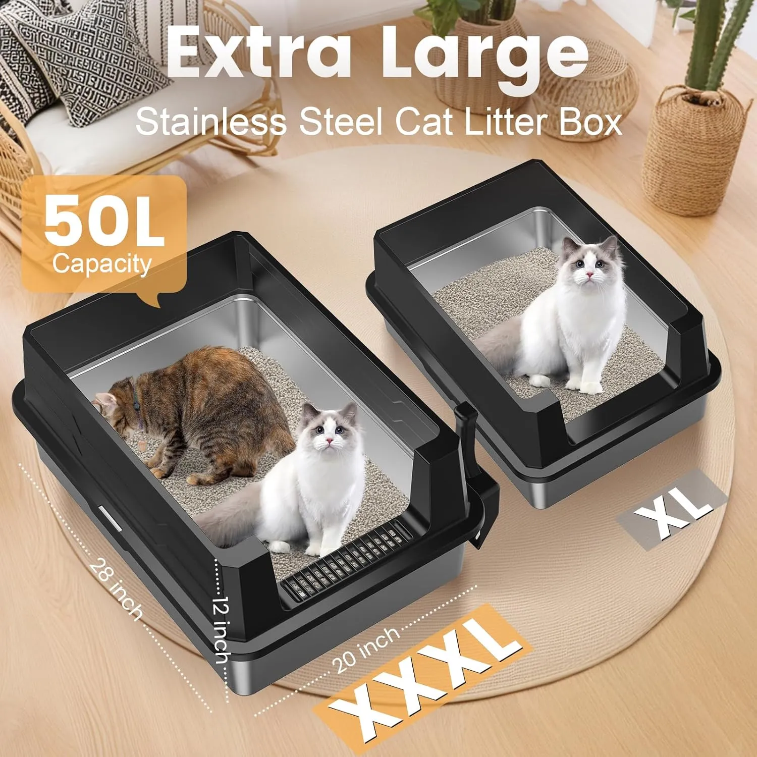 XXXL Stainless Steel Litter Box,Extra Large 28" L x 20" W Metal Litter Box for Big Cats & Multiple Cats with High Sided, Anti-Urine Leakage, Non-Sticky, Easy Cleaning, Include Scoop(Black)