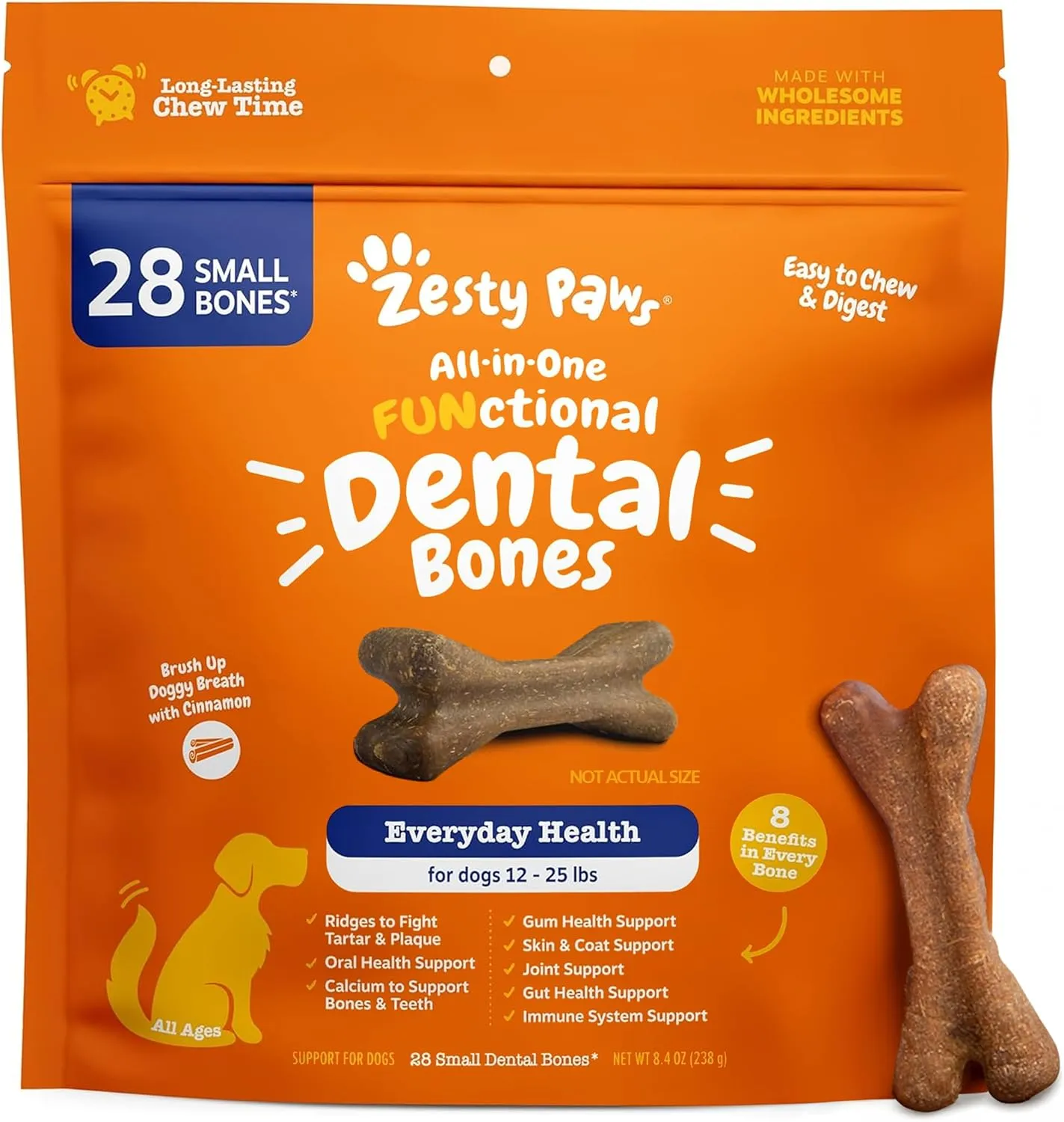 Zesty Paws Dental Bones - Fights Tartar & Plaque - Gum, Teeth & Bone Health - Cinnamon for Dog Breath - Immune, Joint, Gut, Skin & Coat Support - Omega 3 EPA & DHA and Calcium - Small Dogs - 28 ct